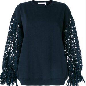 See by Chloe Lace Sleeved Cotton Sweatshirt - Navy, Size L